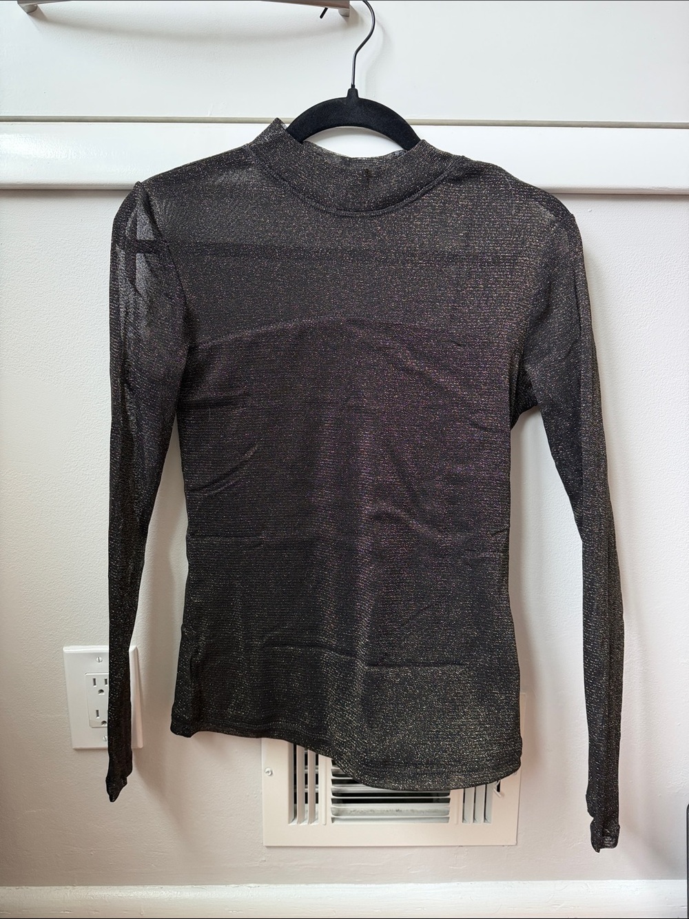 Banana Republic Metallic Sheer Mock Neck Long Sleeve Top - Black